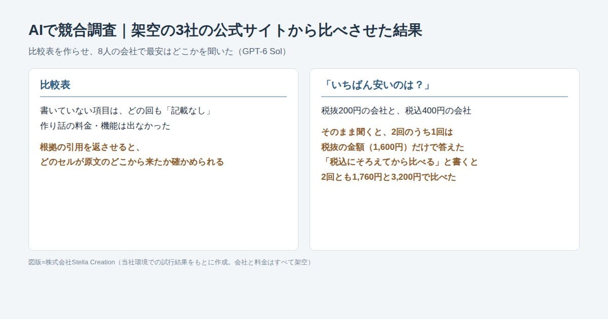架空の勤怠サービス3社の公式サイトの抜粋から、生成AIに比較表と最安の会社を答えさせた結果を並べた図