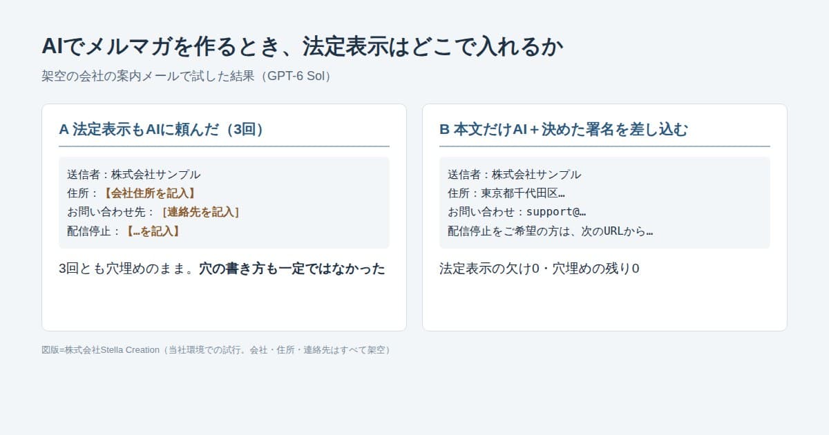 生成AIにメルマガの法定表示まで頼んだ場合と、本文だけをAIに書かせて決めた署名を差し込んだ場合の、末尾の表示を並べた図