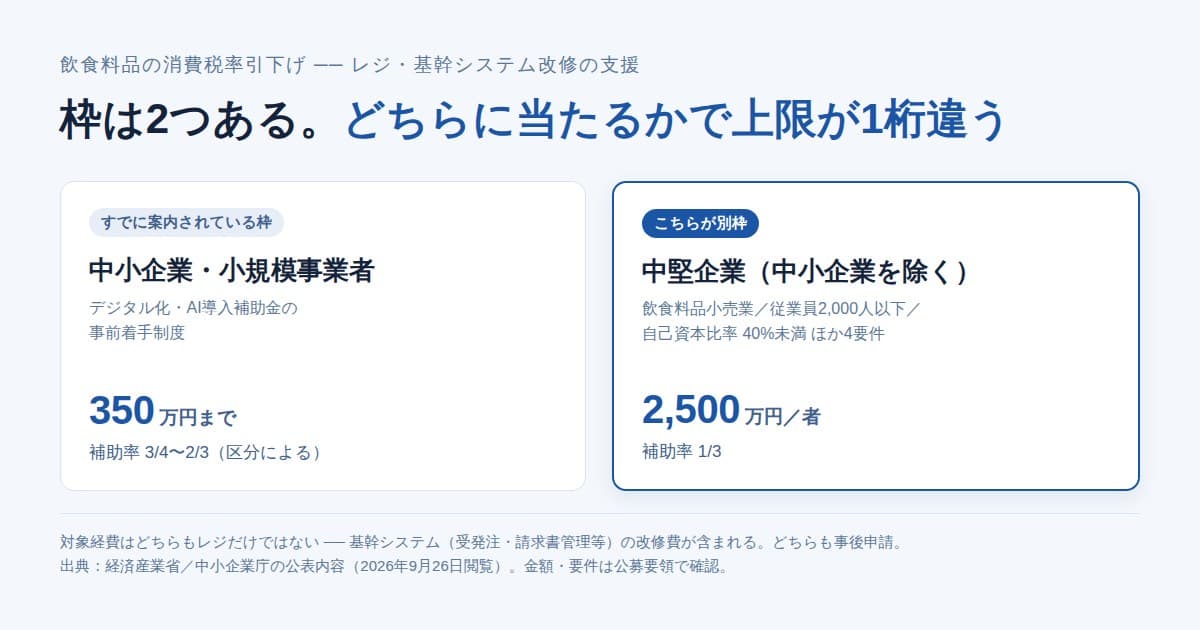 中小企業向けと中堅企業向けで枠が分かれ、補助上限が350万円と2,500万円で違うことを示した図