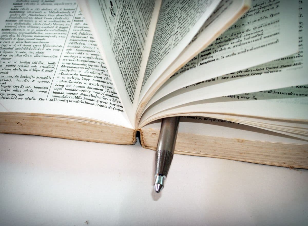 ページの間にボールペンが挟まれた、開いたままの辞書