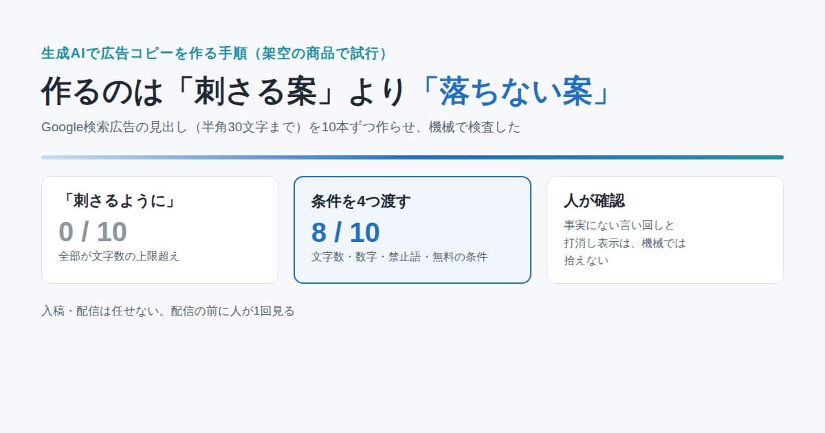 生成AIに作らせた広告見出しを、機械の検査と人の確認の2段で絞る流れを示した図